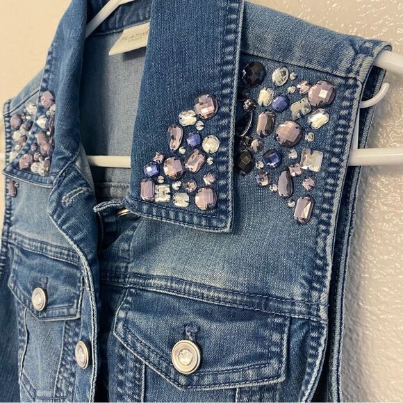 Chicos Platinum embelished DENIM VEST SCATTERED STONES size 0/S/4 - Picture 2 of 11